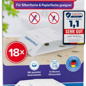 Patronus Silberfischfalle [18 Stück] - Effektive Monitoring-Klebefalle für Silberfische - Giftfreier Köder & E-Book zur