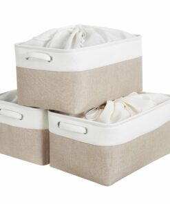 Mangata groß Canvas-Aufbewahrungsbox für Kleidung und Spielzeug (3 Stück, faltbar, Khaki-Weiß) Mangata groß Canvas-Auf