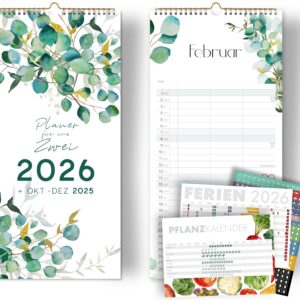 Paarkalender 2026 EUKALYPTUS 3 Spalten Planer für Zwei 16x32,5cm Partnerkalender 2026 plus STICKER