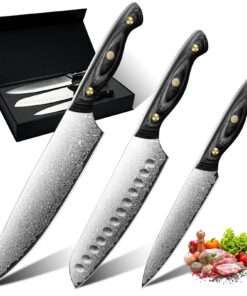 Purple Dragon Damast Kochmesser 3er Set – VG10 Kernen – Geschenk für Männer und Frauen – Fleisch, Gemüse und Obstzerschn