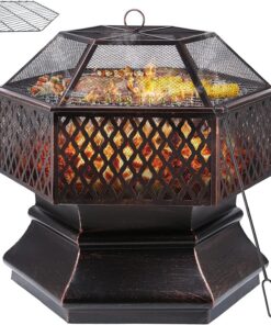TLSUNNY Feuerschale mit Funkenschutz + Grillrost + 71×71×63 cm