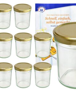 MamboCat Sturzgläser 12er Set 230 ml Gold Deckel + Rezeptheft Einmachgläser Marmeladengläser