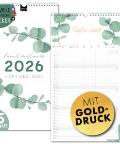 Familienkalender 2026 5 Spalten EUKALYPTUS Gold Recycling Wandplaner