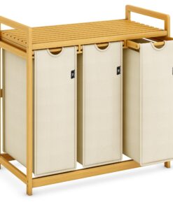 AdelDream Wäschekorb Beige 3 Fächer abnehmbar 150L Wäsche sortieren Bambusrahmen