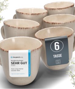 Steingut Kaffeetassen 6 Pers. - Hochwertig, Spülmaschine- und Mikrowellenkompatibel - Stylisches Landhausstil Set - Krat