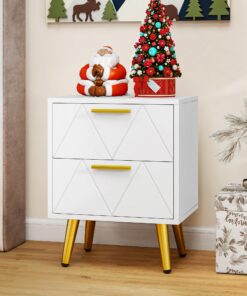YITAHOME Nachttisch mit 2 Schubladen und USB-Anschlüssen, goldenen Beinen und Griffen, für Wohnzimmer und Schlafzimmer,