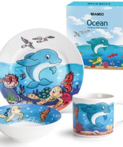 MIAMIO Ozean 3er-Set Kindergeschirr/Porzellan Kinderbesteck - Porzellan Teller, Schüssel und Tasse - Für Kinder und Klei