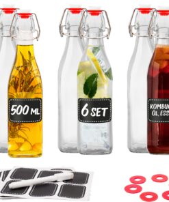 Praknu 500ml 6er Set Eckige Glasflaschen Bügelverschluss + Extra Dichtungen & Etiketten - Ideal für Öl Essig Saft Limona