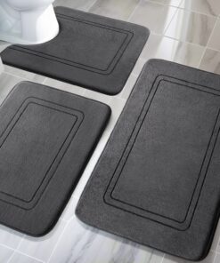 Chakme Dunkelgrau Badeteppich Set 3 Teilig Rutschfester Badematte und WC-Vorleger