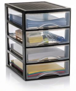 Hausfelder A4 Schubladenbox | Büro Organisation mit 4 Transparenten Kunststoff Schubladen | Stapelbar | Din A4 | 36,5x26