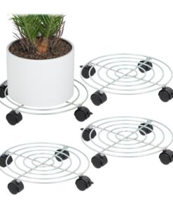 Relaxdays Blumentopfuntersetzer mit Pflanzenroller, 4er Set, Ø 32 cm, Stahl, Silber - Für innen, ideales Geschenk