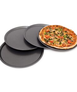 Relaxdays rundes Backblech, 4er Set für Pizza & Flammkuchen, beschichtetes Carbonstahl, grau, 33cm Ø