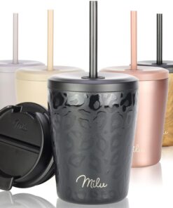 Milu Thermobecher 300ml - 100% Auslaufsicher - edelstahl Kaffeebecher isoliert hält 10h heiß / 20h kalt (Black Leopard,