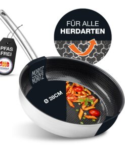 Moritz & Moritz Edelstahlpfanne 28cm Antihaft für alle Herdarten mit Keramikbeschichtung und Wabenstruktur
