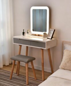 Fullwatt Schminktisch Grau mit 3 Farben LED-Beleuchtung und Make-up-Organizer Fullwatt Schminktisch mit Spiegel und Bele