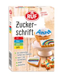 RUF Zucker-Schrift: 4 natürliche Farben aus Pflanzenextrakt, Tortendeko für Glutenfreie & Veganer, 4 x 25g