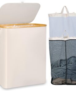 Wäschekorb 150L XL - Extra Groß für Schlafzimmer & Badezimmer mit Bambusgriff & Deckel | Waschküche-Wäschekorb (Beige)