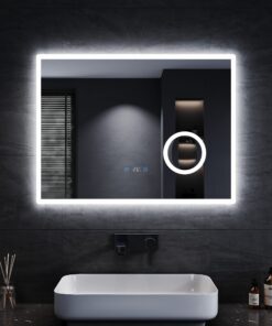 SONNI Badezimmerspiegel mit Beleuchtung - 80x60 cm, 3-Einstellbare Lichtfarbe, Anti-Beschlag, Touchschalter, Uhr und Tem