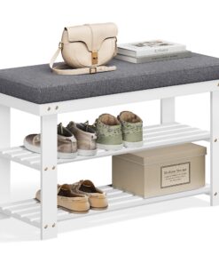 SONGMICS weiße Schuhbank aus Bambus LBS604W01, 2-Ebenen-Design, stabil für Eingangsbereich, Wohnzimmer, Traglast 150 kg,