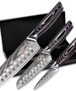 Wolfblood PRO Santoku Damastmesser Set für Küchenexperten TÜV geprüft XL Größe 31, 23 und 19cm I 62 HRC Damaststahl I Ge