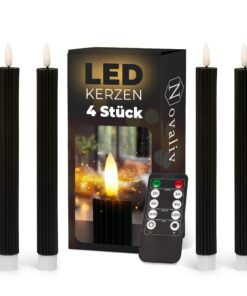 Stabkerzen LED mit Timer und echter Wachsflamme - 23cm Höhe, 2,2cm Durchmesser, 4 Stück für indoor, flackernde Flamme, 4