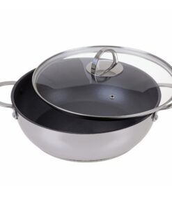 GRÄWE Edelstahl Servierpfanne Ø 28 cm - beschiktete Schmorpfanne für Küchenprofi mit 2 Griffen und Schüttrand
