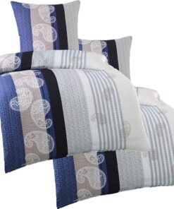 KH-Haushaltshandel bügelfreie Seersucker Bettwäsche 2X 135x200 +80x80cm, blau Taupe weiß, Paisley, Microfaser (W400983)