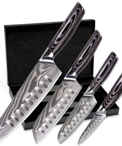 Wolfblood PRO 4er Damastmesser Set für Küchenmeister mit TÜV geprüfter Stärke und Geschenkbox Wolfblood PRO 62 HRC Damas