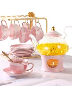 DUJUST Kleiner Rosa Porzellan-Tee-Set für Frauen und Mädchen bei Teepartiemanagement, Marmor-Textur und Goldene Zierleis