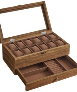 SONGMICS Uhrenbox mit 12 Fächern, Walnussfarben, Geschenkidee für Liebsten, Weihnachten, Massivholz Kasten mit Glasdecke