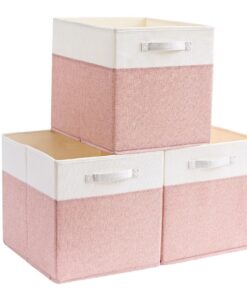 Mangata faltenfreie Stoff Aufbewahrungsbox 28x28x28 cm für Kleiderkörbe, Kinderzimmer, Kinderspielzeuge (3 er, Rosa/Beig