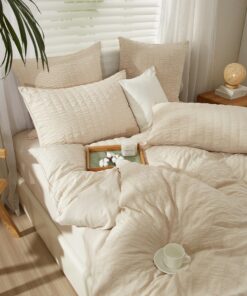 YASMENG Seersucker Bettwäsche 135x200 Beige Gestreift für Erwachsene im Sommer