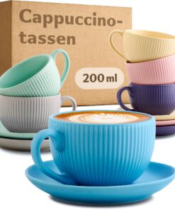 Cosumy Bunte Cappuccinotassen 6er Set - 200ml Keramik - Spülmaschinenfest | Cosumy Cappuccinotassen Bunt mit Untertasse