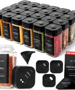 Gewürzgläser Eckig Set mit Deckel - Hochwertige Gewürzbehälter für Küche und Esszimmer, 24 x 120ml, 240 Schwarze Etikett