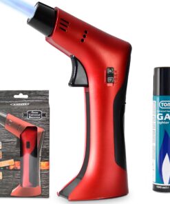 TOM Flambierbrenner Set mit Gas befüllt + 1 x Butangas Kartusche – Profi Gasbrenner mit Sicherheitsschloss für Küche, Ha