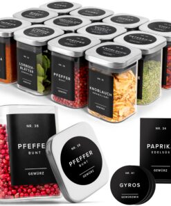 Gewürzgläser Eckig Edelstahl Deckel 190ml (12 Stück) - Luftdichte Vorratsdosen mit 160 Gewürzetiketten