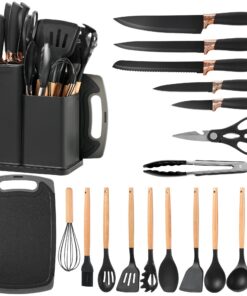 Vortix Küchenhelfer Set für Küche und Kocher mit 19 Teilen, 5 Teiles Küchenmesser Set in Schwarz | Vortix Küchenhelfer