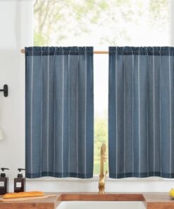 Vangao Streifen Scheibengardinen für Küche Blau 2er Set 65Bx60Hcm Lichtdurchlässige Marine Gardinen für Wohnwagen und Wo