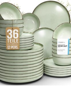 Steingut Geschirrset 12 Personen TESTSIEGER - Hochwertiges Landhausstil Geschirr, Mintgrüne Tafelservice Set, Pure Livin