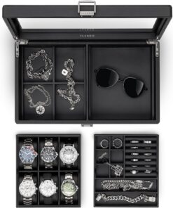 Vlando Uhrenbox für Herren mit Glasdecker, Schmuckaufbewahrung multifunktionell mit 6 Uhrenkissen,-tooltipunterstützung