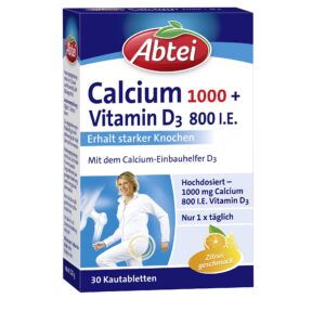 Abtei Calcium 1000 + D3 - Für starkere Knochen - Hochdosiert - Glutenfrei, laktosefrei, vegetarisch - Zitronengeschmack