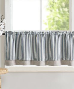 TOPICK Doppellagige gestreifte Leinen Gardine für Küche und Esszimmer Klein Fenstervorhang Blau auf Beige