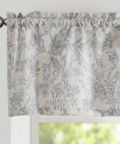 TOPICK Vorhang Blumen Bedruckt Bistrogardine für Küche Wohnzimmer Landhaus (H40 x B125 cm - 1 Stück, Grau auf Beige)