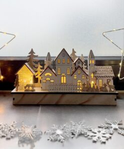 Spetebo LED Holz Winterstadt Aufsteller - warm weiß beleuchtet - Weihnachtsdorf Szene für Tischdekoration - Batterie bet