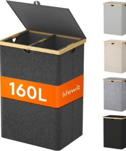 Lifewit 160L Bambus Wäschekorb mit Deckel für Waschküche und Schlafzimmer - 2 Fächer, Abnehmbarer Wäschesack und Schwarz
