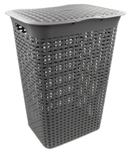 HRB Grau Eckiger Wäschekorb mit Deckel 55 Liter | HRB Kunststoff Wäsche Sortierer Rattan 55 Liter | HRB Grau Eckiger Wä