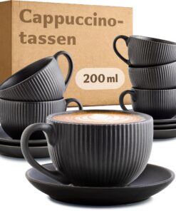 Cosumy Cappuccinotassen Schwarz Spülmaschinenfest - 6er Set - 200ml Keramik - Streifenmuster Matt