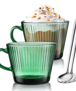 Joeyan 450ml Große Kaffeetassen Set, Dickwandig, Vertikale Streifen Grüne Gläser, Spülmaschinenfest für Espressotassen u