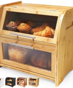 Arise Bambus Brotkasten mit Belüftung für Hörnchen und Brötchen - 40x26x37 cm, 2 Regale und Sichtfenster - Hoher Brotauf