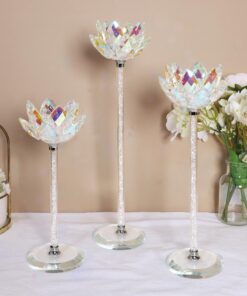 Kristall-Lotus-Kerzenhalter 3er Set | schillernde Glas-Kegelhalter mit Blasenstiel | verschiedene Höhen - Dekorativ, ein